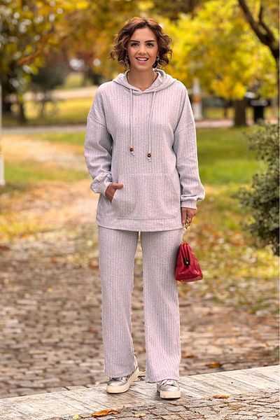 Nevin Kaya Moda Gray Kangaroo Pocket Wool Cotton Double Set