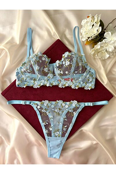 dem merys Armida Blue Small Flower Patterned Underwire Brode Bra Set