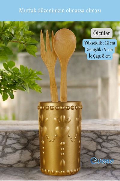 Evene Decorative Upright Spoon Holder - Countertop and Gold Color Cylinder Model 10