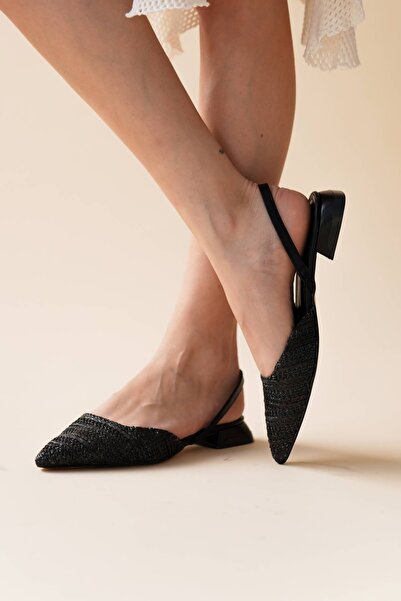 Lizzu Kadın Sivri Burun Hasır Topuklu Babet Siyah