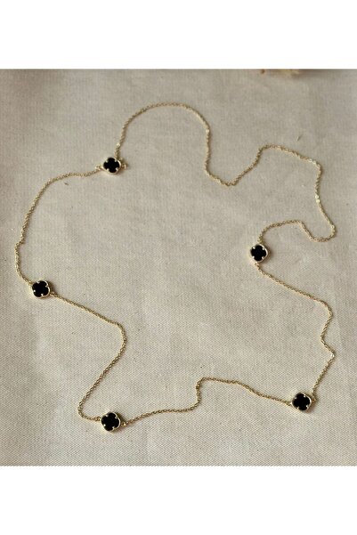 Swelynn Silver Yonca Desenli Oniks Taşlı Altın Rengi Kadın Kolye