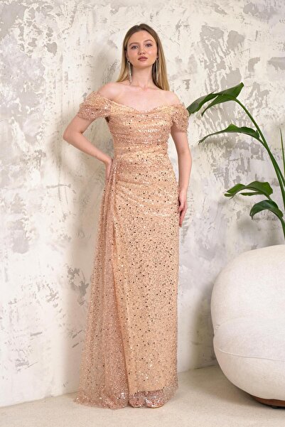 Livanomi Kayık Yaka İncili Pullu Gold Abiye