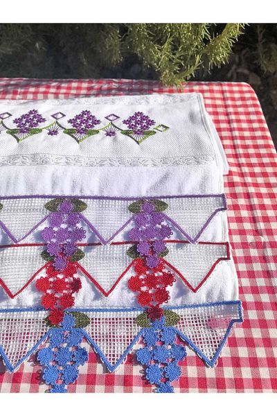 Peacock 3-Piece Laced, Embroidered, Suitable for Dowry, Gift Hand Towel 100% Cotton
