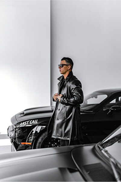 ablukaonline Чоловічий шкіряний тренчкот чорний з поясом, slim fit