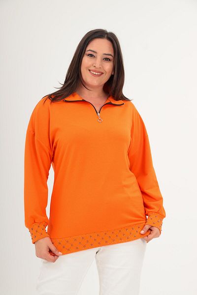 Ebsumu Plus Size Half Turtleneck Zip-Up Geometric Stone Detailed Orange Sweatshirt