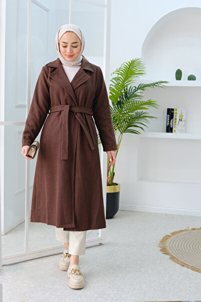 LOCCO Коричневий крузавий кашемірний пальто - жіночий, на шнурівці