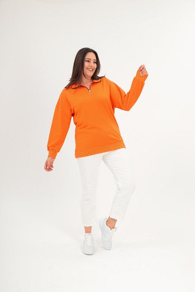 Ebsumu Plus Size Half Turtleneck Zip-Up Geometric Stone Detailed Orange Sweatshirt