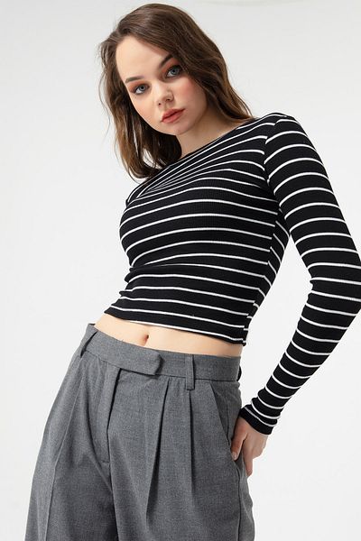 Lafaba Női fekete-ekrü bordás hosszú ujjú Crop blúz