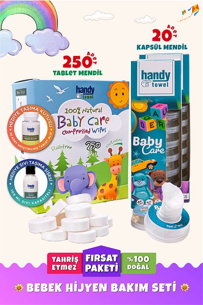 HandyTowel 250 Compressed Tablet Wipes for Babies and 20 Cleaning Hygiene Capsule Wipes