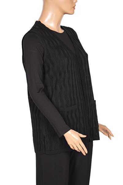 Hermevsim Hesna Чорний трикотажний жилет - Gizem з ажурною обробкою та кишенями