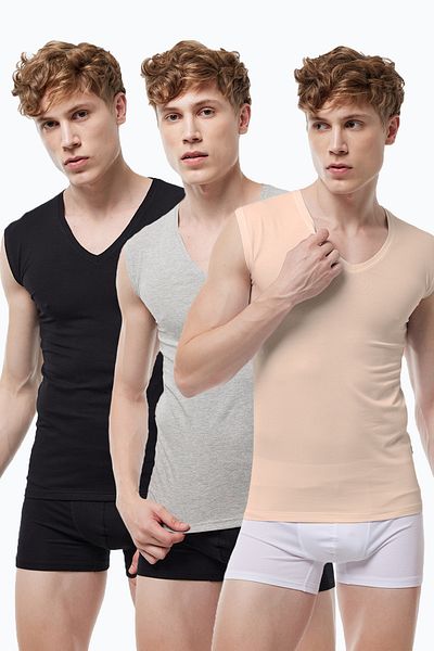 Malabadi Invisible Undershirt Men's Black Gray Skin Color 3 Pack V Neck Non Marking Modal Sleeveless Undershirt 064