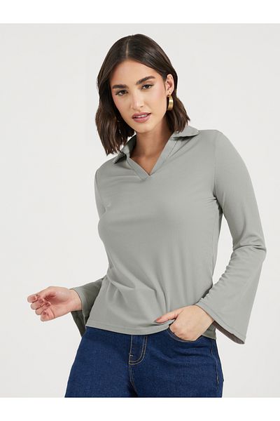 Styli Ribbed Regular Fit Flared Sleeve Polo T-Shirt