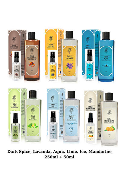 Rebul DarkSpice, Lavanda, Aqua, Lime, Ice, Mandarine Cam Şişe 250ml + Sprey P...