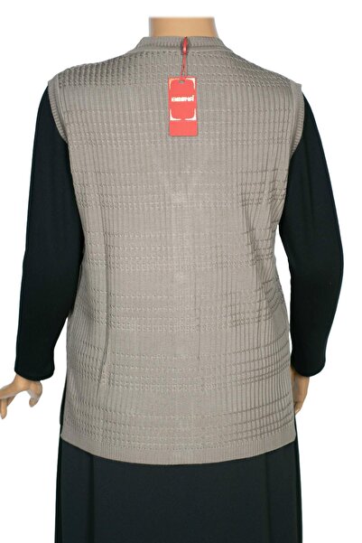 HESNA Large Size Nazan Knitwear Vest - Sand Beige with Buttons and Pockets