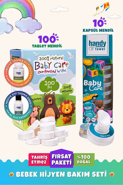 HandyTowel 100 Pieces and 10 Compressed Tablet Wipes for Babies Hygiene Capsules