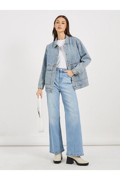 Styli Oversized Longline Denim Jacket with Flap Pocket