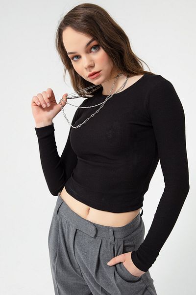 Lafaba Dámská černá žebrovaná halenka s dlouhým rukávem