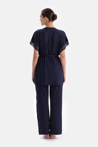 Dagi Navy Blue Side Lace Detailed Trousers