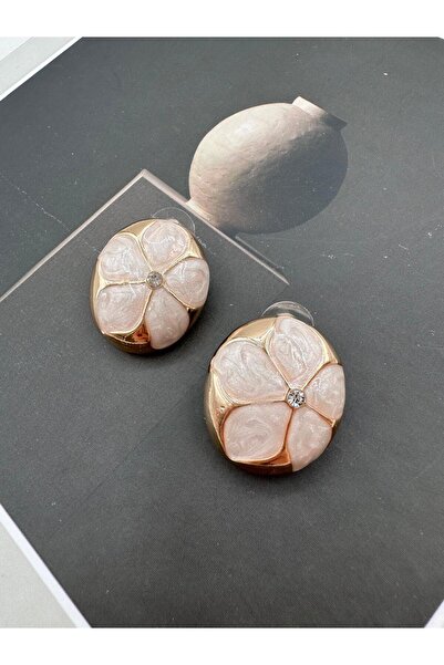 Jerie Gold Sedef Mineli Çiçek Oval Plaka Küpe