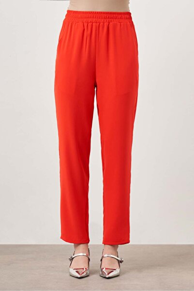 Mizalle Beli Lastikli Dar Paça Nar Çiçeği Pantolon