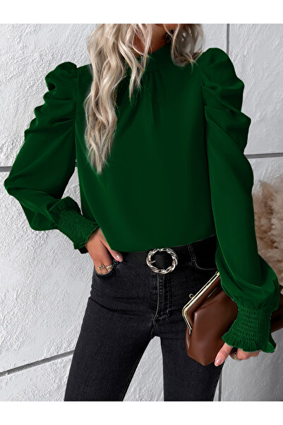 DY By Styli Smocking Puff Sleeves Tie Back Detail Blouse