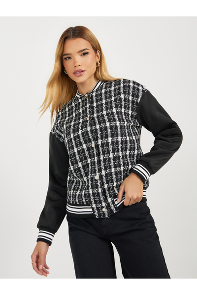 Styli Oversized Fit Regular Length Tweed Bomber Jacket