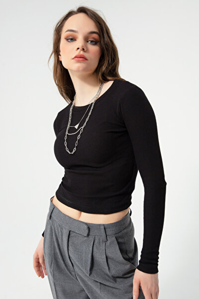 Lafaba Women's Black Ribbed Long Sleeve Crop Blouse