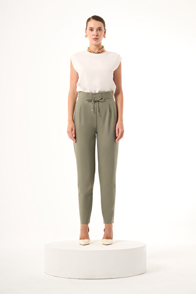 Mizalle Beli Pile Bağcıklı Haki Pantolon