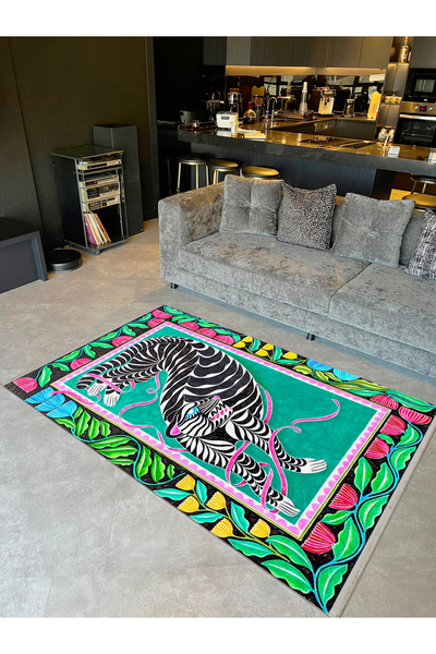 Rugs Modern Halı Özge Koleksiyonu Yeşil Pembe Temalı Vahşi Hayvan Desenli Dok...