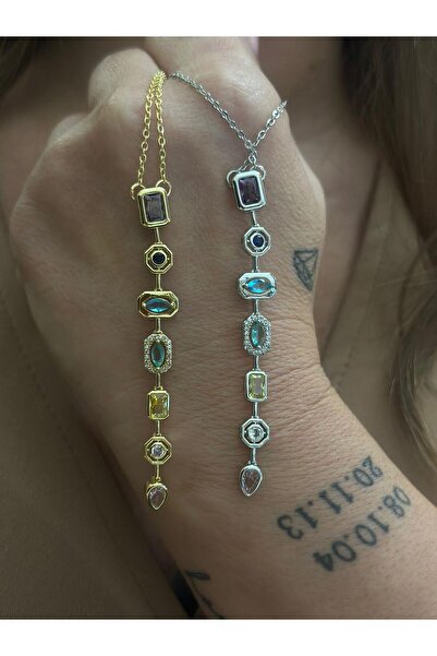 MyladyAccessoriess Long Steel Necklace with Colorful Zircon Stone Detail Silver