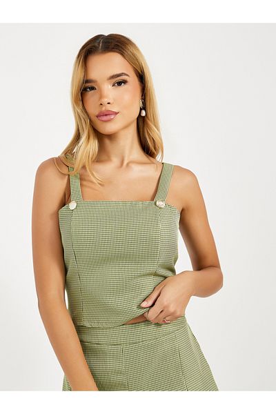 Styli Houndstooth Pattern Button Detail Crop Top
