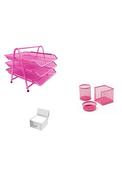 Mas Pink Metal Desk Set - 3-Piece Paper Shelves, 3-Piece Perforated Set and Cube Note Holder