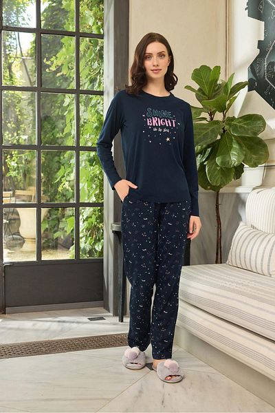 Aydoğan Hira Lyocell Women's Pajama Set - Navy Blue, Shine Bright 0617