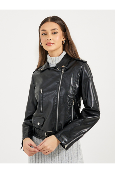 Styli Regular Fit Short Length Leather Look Biker Jacket