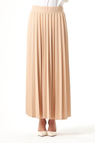 Mizalle Crepe Knitted Pleated Beige Skirt