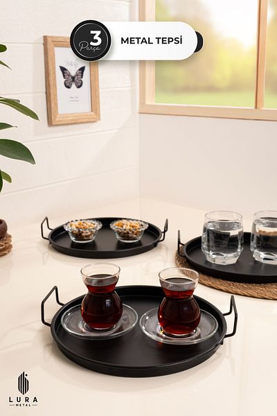 Skygo Set of 3 Nira Black Metal Coffee & Tea Presentation Trays - 25 cm