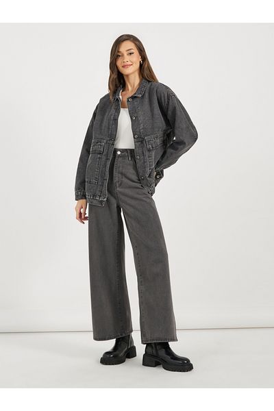 Styli Oversized Longline Denim Jacket with Flap Pocket