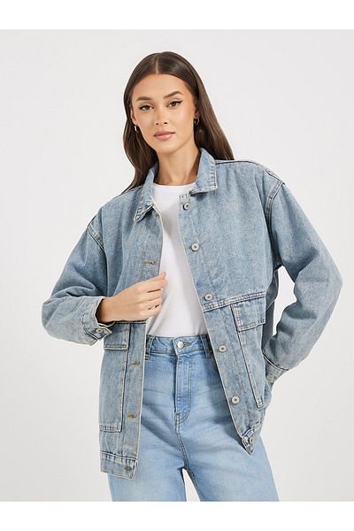 Styli Oversized Longline Denim Jacket with Flap Pocket