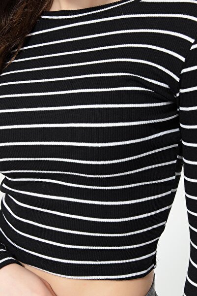 Lafaba Women's Black-ecru Ribbed Long Sleeve Crop Blouse