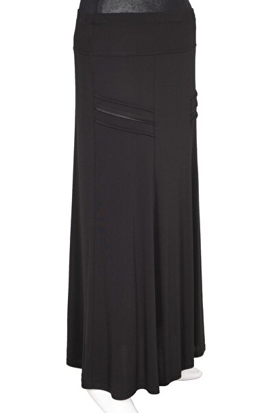 HESNA Women's Hazan Crepe Side Piping Lined Elastic Black Skirt