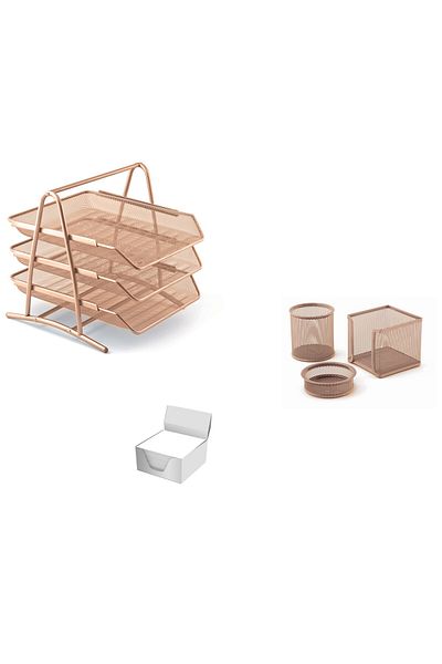 Mas Rose Gold Metal Table Set - 3-Piece Document Rack, 3-Piece Perforation and Cube Note Holder