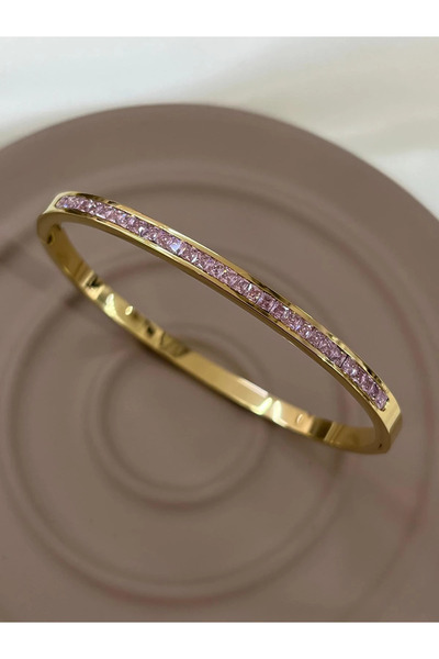 SUNSHİNE ACCESSORY سوار من الفولاذ باللون الذهبي والحجر الوردي