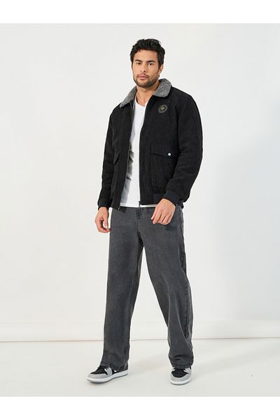 Styli Faux Fur Collar Corduroy Utility Jacket
