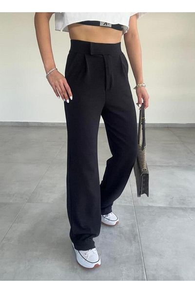 Serbella Black Crepe Fabric Velcro Closure Pleated Lycra Pocket Detail Palazzo Pants