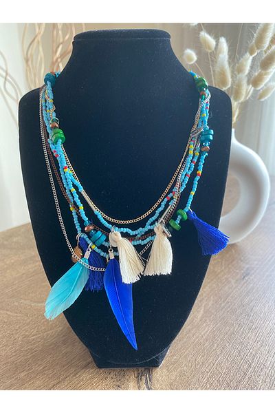 Store Bohemian Style Multi Layer Blue Feather and Beaded Women's Necklace