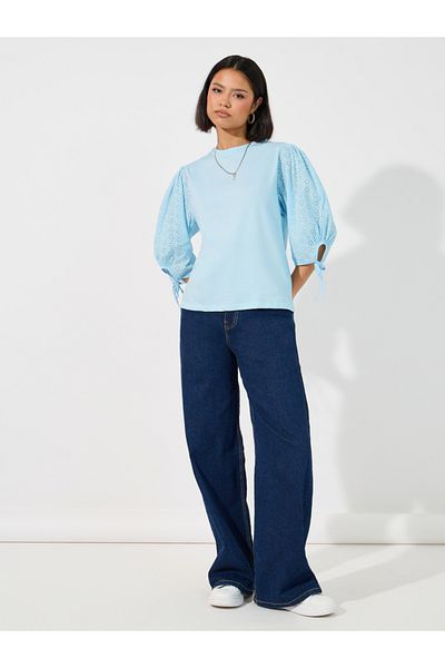 Styli Broderie Volume Sleeves Top with Tie Cuff Detail