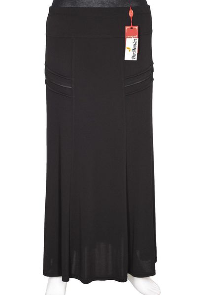 HESNA Women's Hazan Crepe Side Piping Lined Elastic Black Skirt