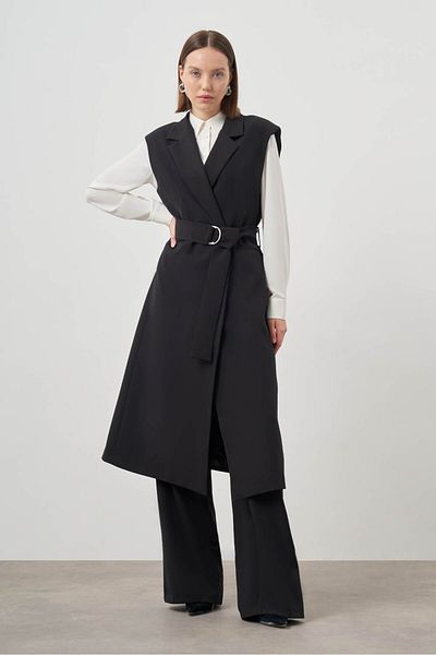 Mizalle Double Long Black Vest with Buckle