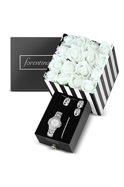 Forentina Beyaz Yapay Güllü Kutuda Gümüş Kaplama Kolye Küpe Bileklik Saat Hed...