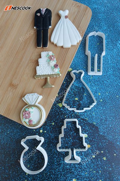 nescook 4-Piece Bridal Wedding Dress Groom Engagement Ring Wedding Ring Wedding Cake Cookie Mold Love
